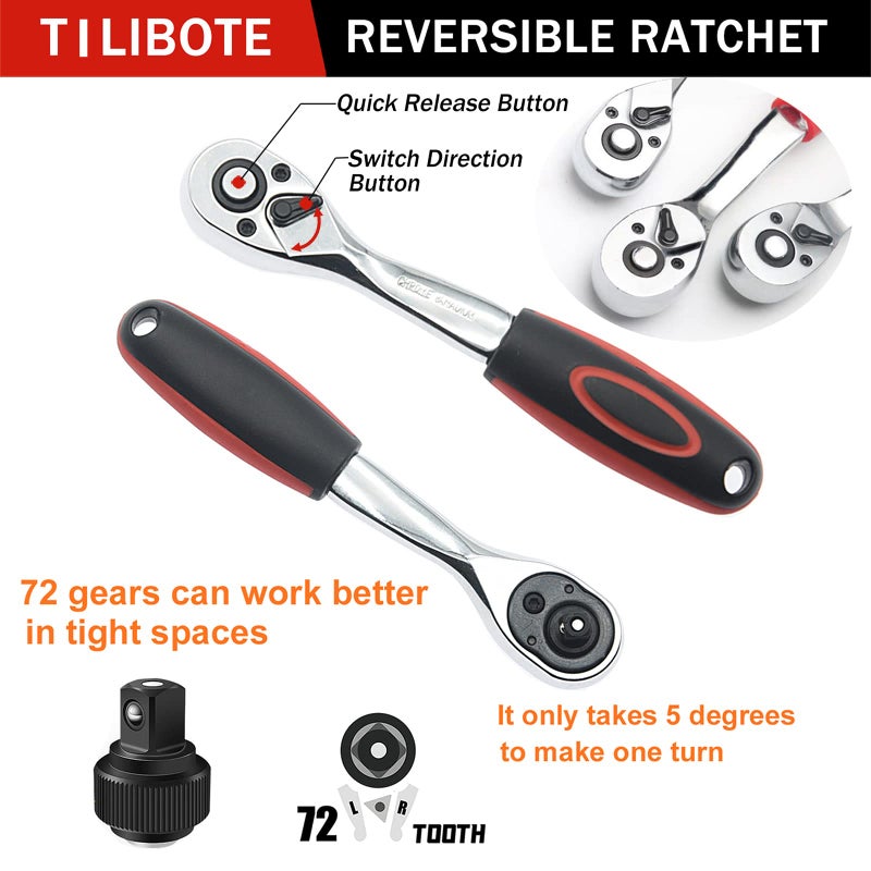 TILIBOTE مجموعة مفاتيح الربط 53 قطعة 1/4 بوصة مجموعة مفاتيح ربط وشريط تمديد Gimbal شريط منزلق تمديد مآخذ مجموعة لإصلاح السيارات والاستخدام المنزلي. - Image 3